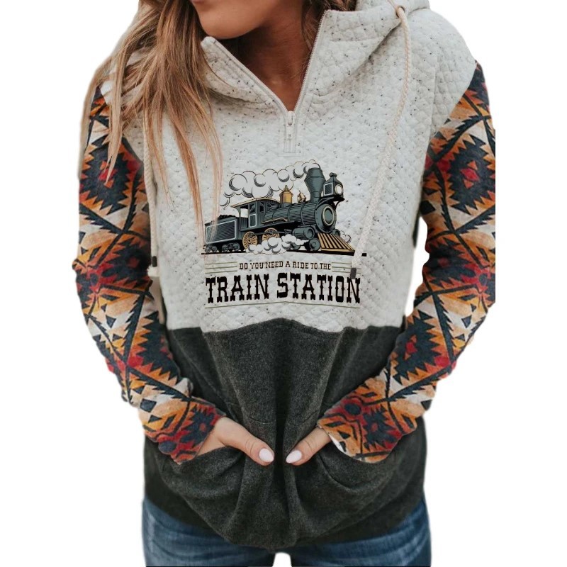Women's Yellowstone Western Print Hood Collar Colorblock Pocket Sweatshirt